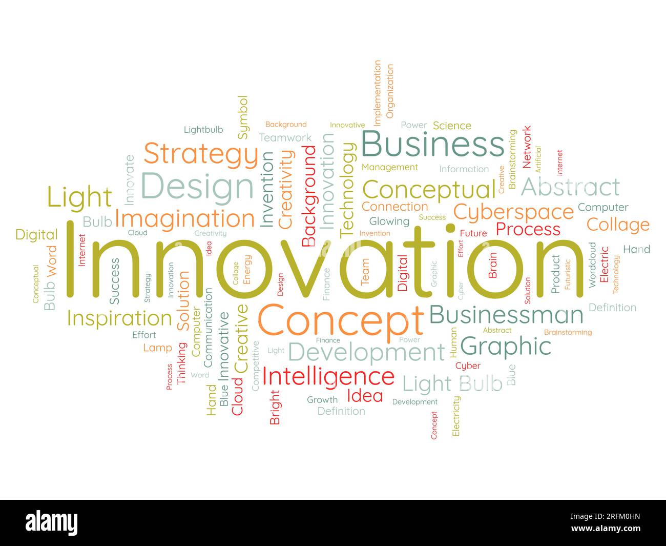 Concetto di base di Word cloud per l'innovazione. La strategia di concetto di creatività può fare sviluppo di idea di soluzione di invenzione. illustrazione vettoriale. Illustrazione Vettoriale