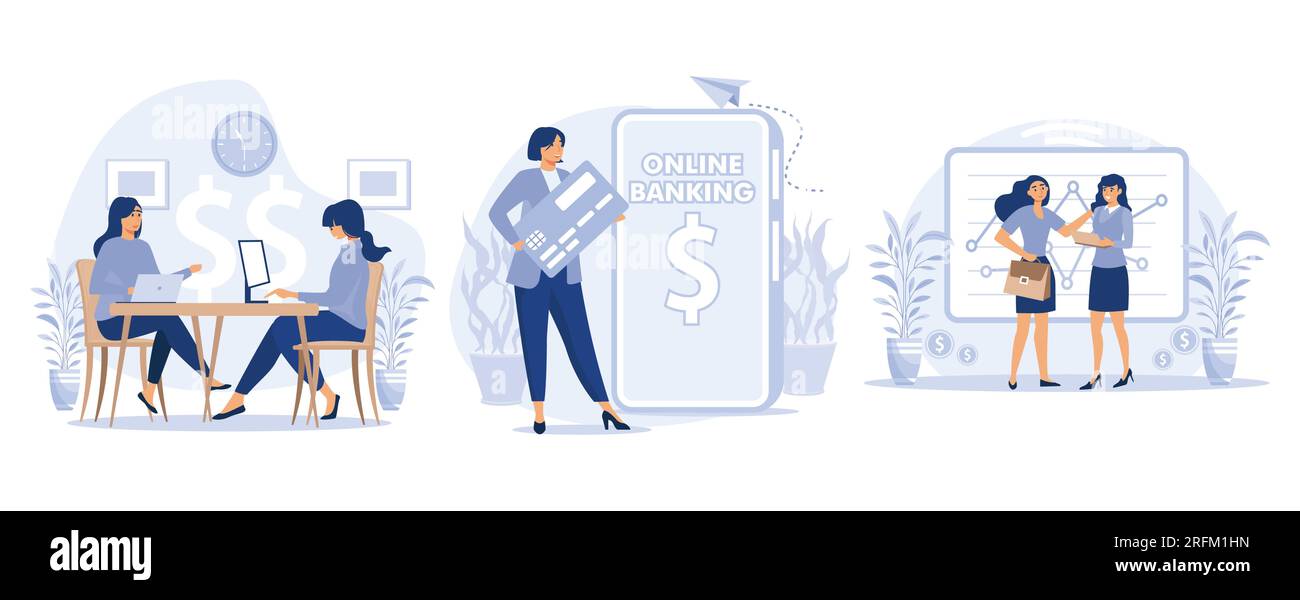 Servizi bancari per concetto aziendale, apertura di un conto aziendale, carta di credito, gestione della tesoreria, banca commerciale, alfabetizzazione finanziaria, gestione della liquidità, Illustrazione Vettoriale