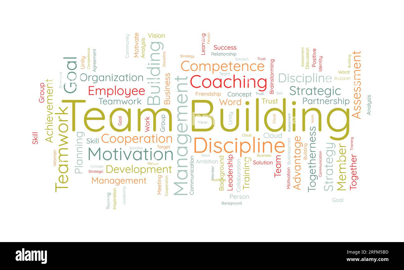 Concetto di background di Word cloud per il team building. Gestione del coaching motivazionale con valutazione aziendale. illustrazione vettoriale. Illustrazione Vettoriale