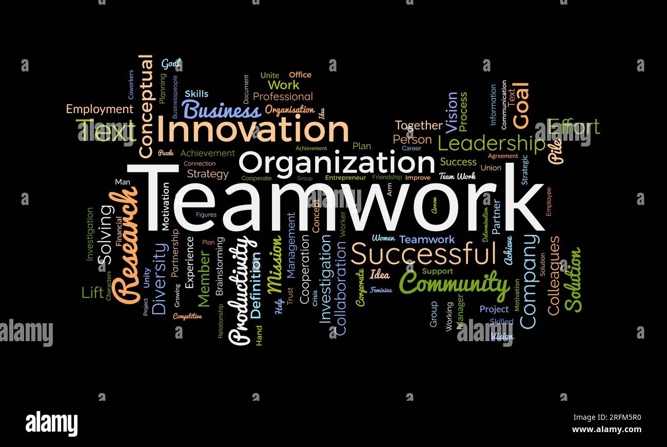 Concetto di background Word cloud per Teamwork. Successo aziendale grazie alla partnership di successo per la leadership. Illustrazione vettoriale. Illustrazione Vettoriale