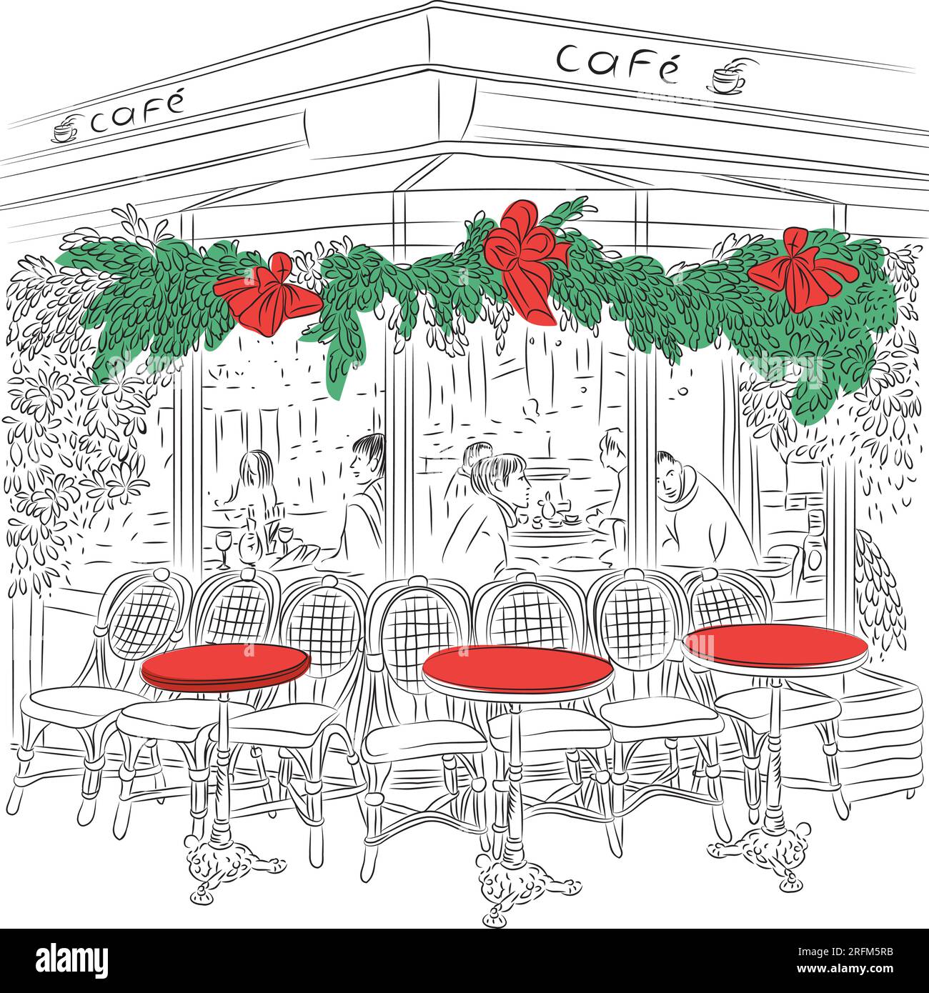 Schizzo del Cafe' Parigino con decorazioni di Natale Illustrazione Vettoriale