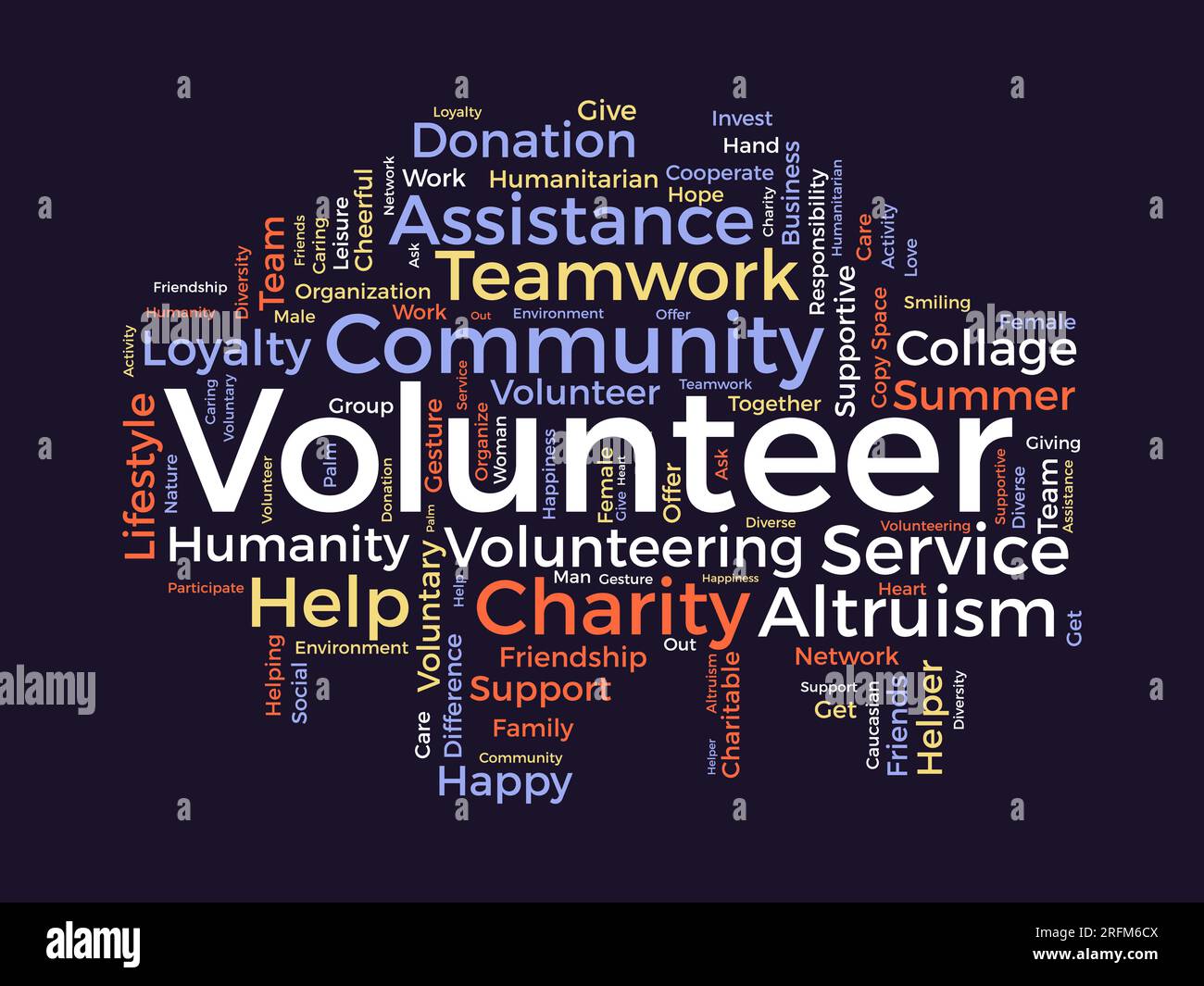 Concetto di base di Word cloud per volontari. Sostegno alla carità, aiuto alla comunità, assistenza al servizio umanitario. illustrazione vettoriale. Illustrazione Vettoriale