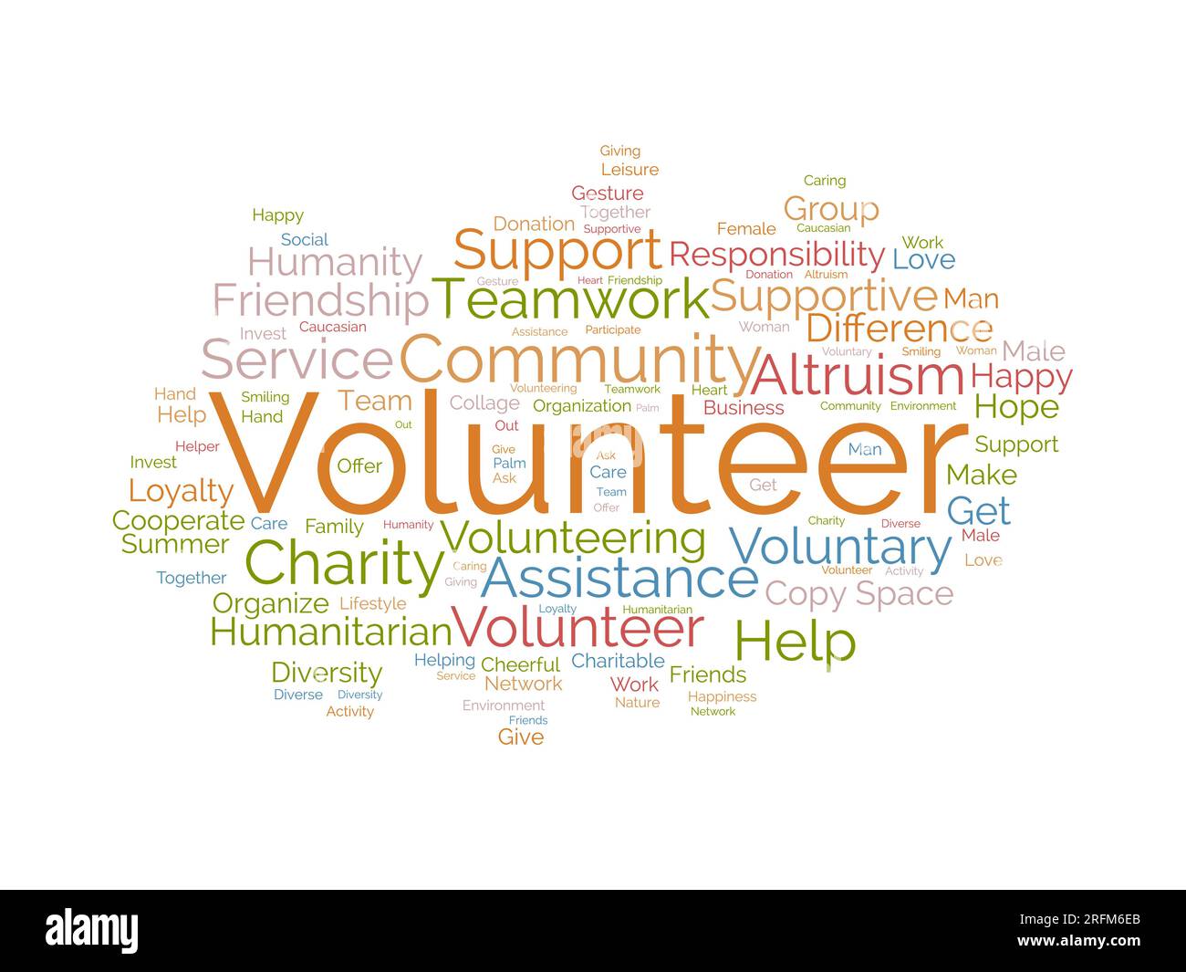 Concetto di base di Word cloud per volontari. Sostegno alla carità, aiuto alla comunità, assistenza al servizio umanitario. illustrazione vettoriale. Illustrazione Vettoriale