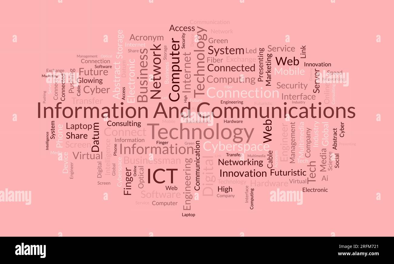Word cloud background Concept for Information and Communications Technology (ict). sistema di rete ciberspaziale del servizio di sviluppo software. vettore i Illustrazione Vettoriale
