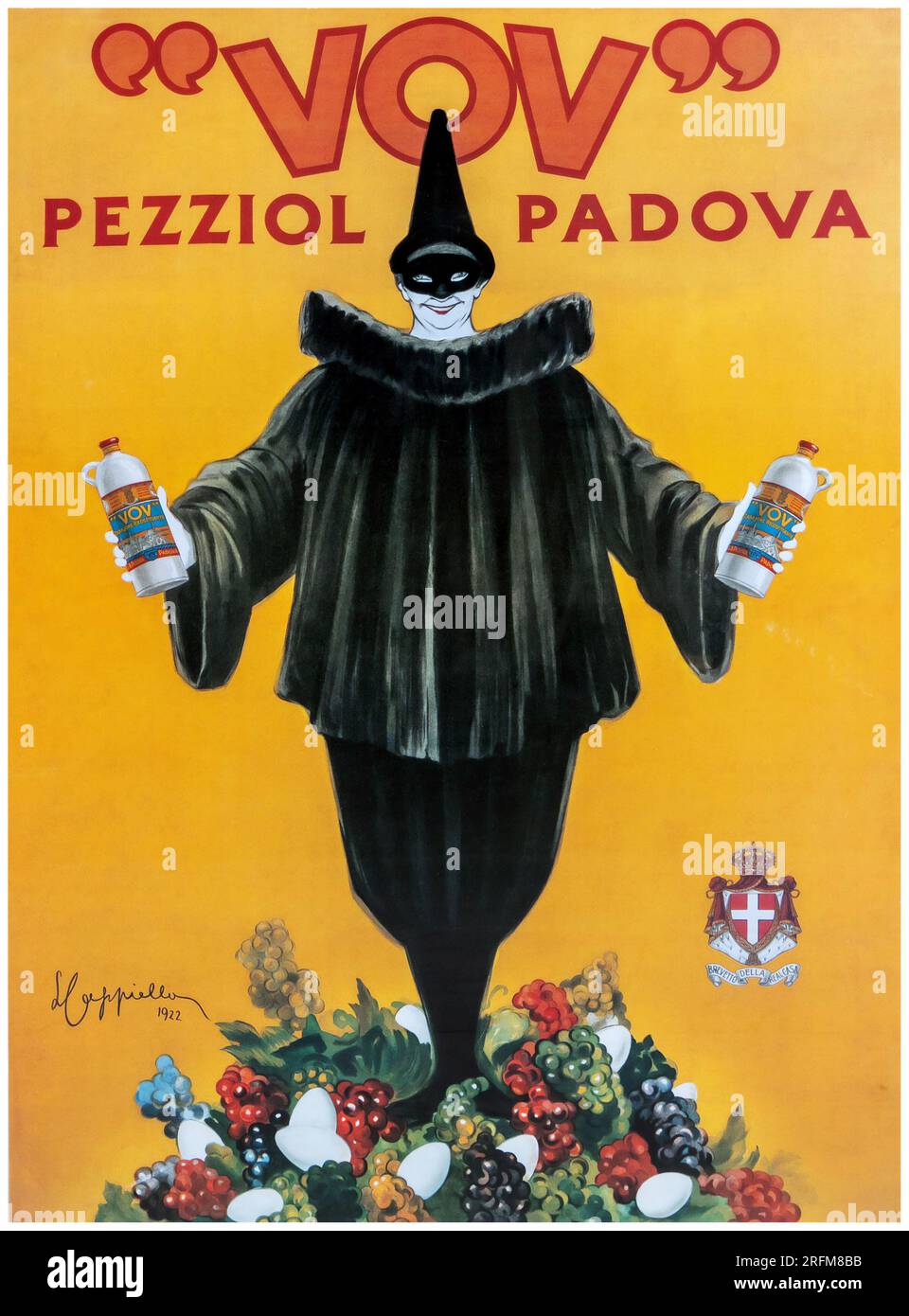 Vov Pezziol Padova poster pubblicitario in stile déco francese di Leonetto Cappiello, 1922 - Un clown di arlecchino che tiene una bottiglia in ogni mano Foto Stock