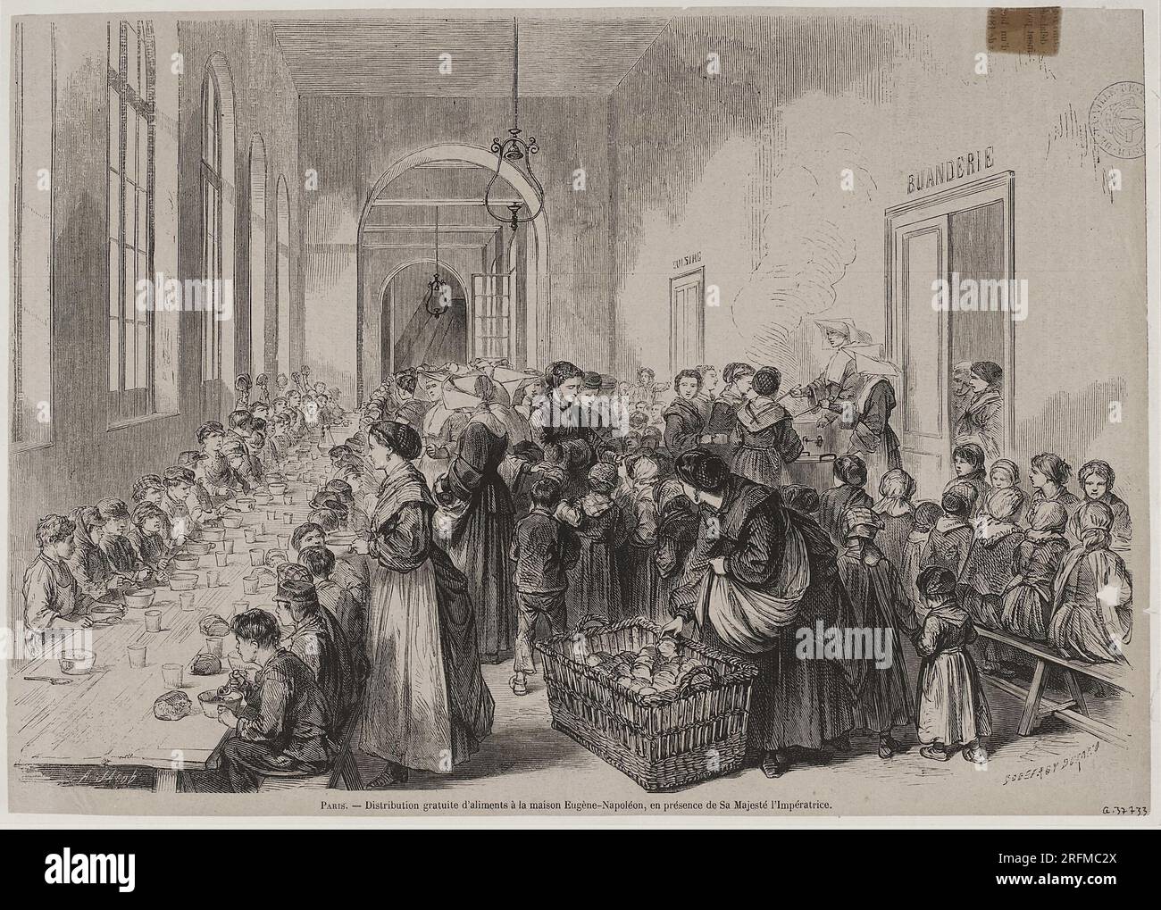 Distribution gratuite d'aliments à la maison Eugène-Napoléon, en présence de sa Majesté l'Impératrice Gravure de Godefroy Durand, d'après un dessin d'Armand Victor Jacob 1868 Parigi, musée Carnavalet Foto Stock