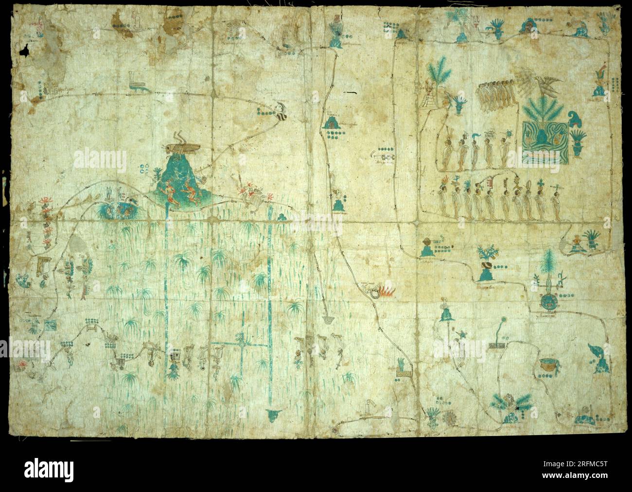 Storia cartografica della migrazione azteca da Aztlan a Tenochtitlan. La mappa mostra il percorso intrapreso e le varie storie affrontate dagli Aztechi. La mappa porta il nome dello storico Carlos de Sigüenza y Gongora, uno dei primi a studiare la storia azteca. Foto Stock
