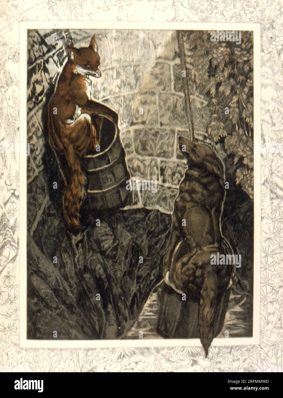"How Reynard Lowed Isengrim into the Well" Etching di Maurice De Becque pubblicato su "le véritable roman de Renart" (Reynard the Fox), pubblicato nel 1930. Foto Stock