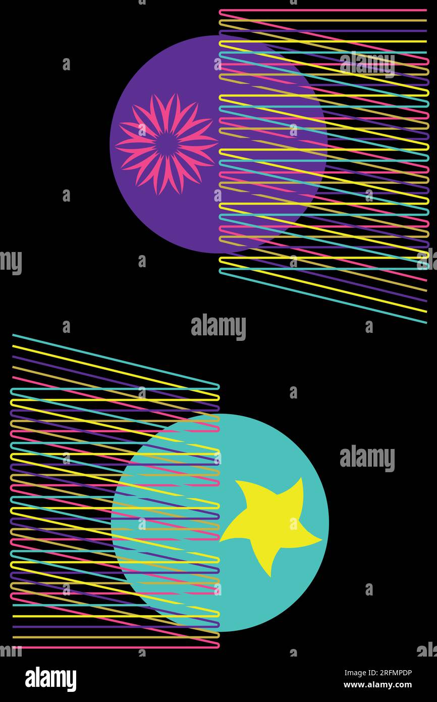 Effetto risografico forme astratte geometriche. Boho star, fiori, elementi di linea con motivo riso su sfondo nero. Illustrazione Vettoriale