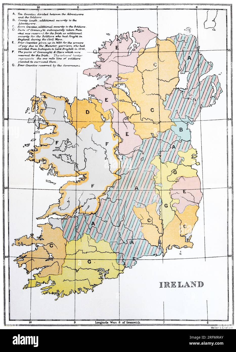 Una mappa della metà del XVII secolo che illustra la divisione dell'Irlanda dopo la ribellione irlandese del 1641, quando la maggior parte dell'Irlanda passò sotto il controllo della Confederazione cattolica irlandese che si alleò con i realisti inglesi. Nel maggio 1652, l'esercito parlamentare di Cromwell aveva sconfitto la coalizione confederata e realista in Irlanda e aveva occupato il paese, ponendo fine alle guerre confederate irlandesi (o Guerra degli undici anni). Come punizione per la ribellione del 1641, quasi tutte le terre di proprietà dei cattolici irlandesi furono confiscate, date ai coloni britannici e ai precedenti proprietari trapiantati nel Connacht. Foto Stock
