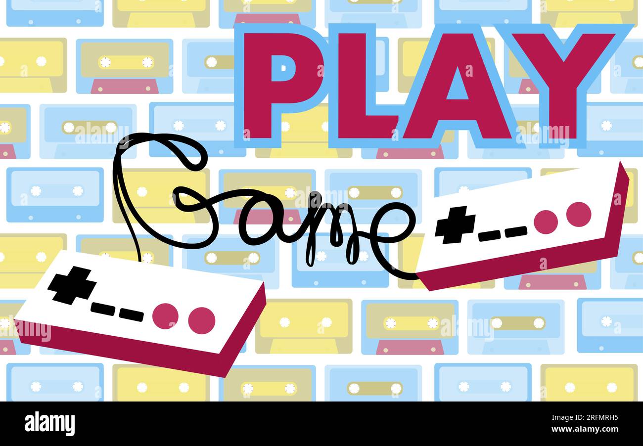 Vecchio controller di gioco vintage retrò hipster per giochi per computer e un'iscrizione di gioco degli anni '70, '80 e '90 su uno sfondo di audio CA Illustrazione Vettoriale