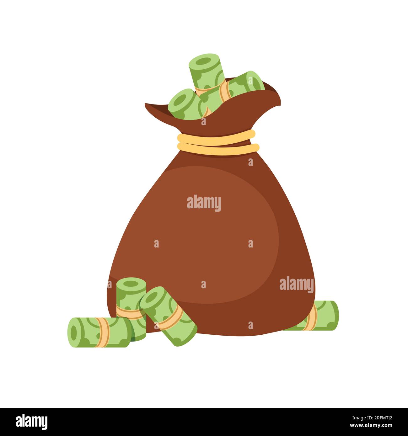 Borsa dei soldi con banconote o banconote in dollari. Risparmio di denaro. Concetto di successo. Illustrazione vettoriale in stile piatto alla moda isolata su sfondo bianco. Illustrazione Vettoriale