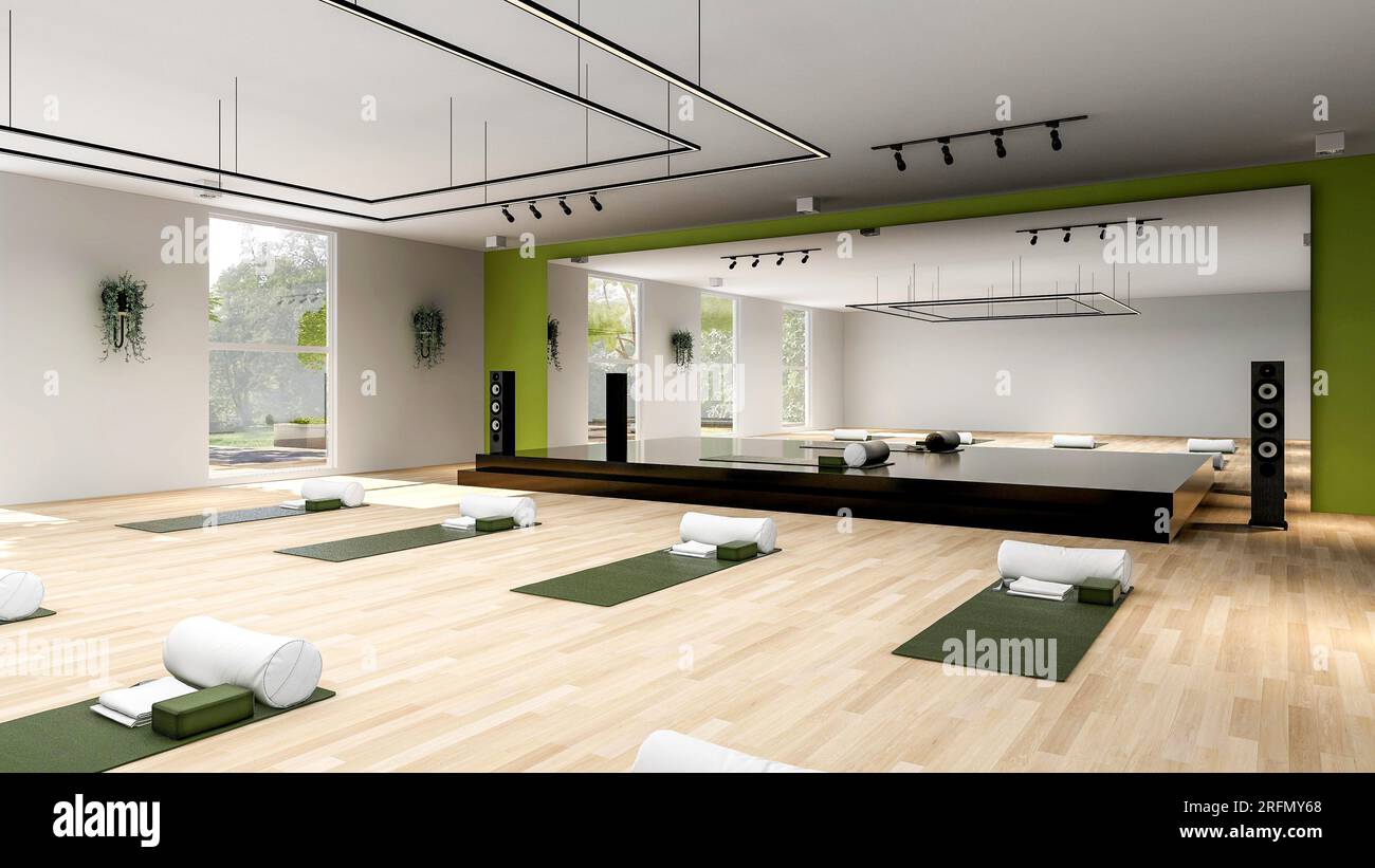 Design degli interni di Empty Yoga Studio, open space con palcoscenico e grande specchio, rendering 3d. Foto Stock