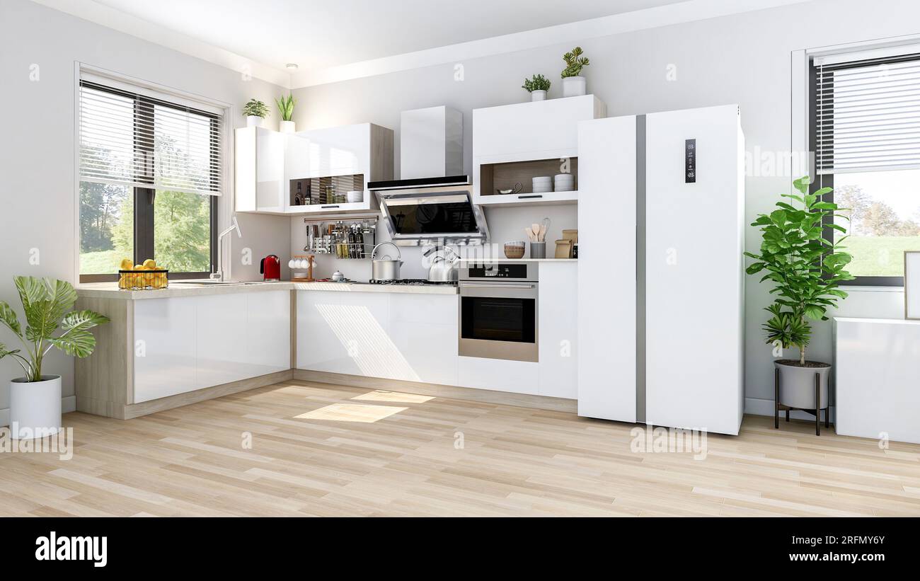 Interni bianchi moderni ed eleganti della cucina, 3D Rendering Foto Stock