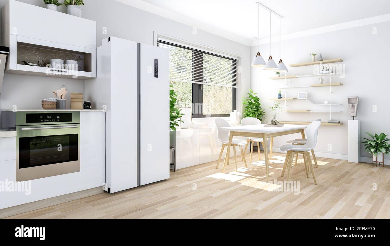 Interni bianchi moderni ed eleganti della cucina, 3D Rendering Foto Stock