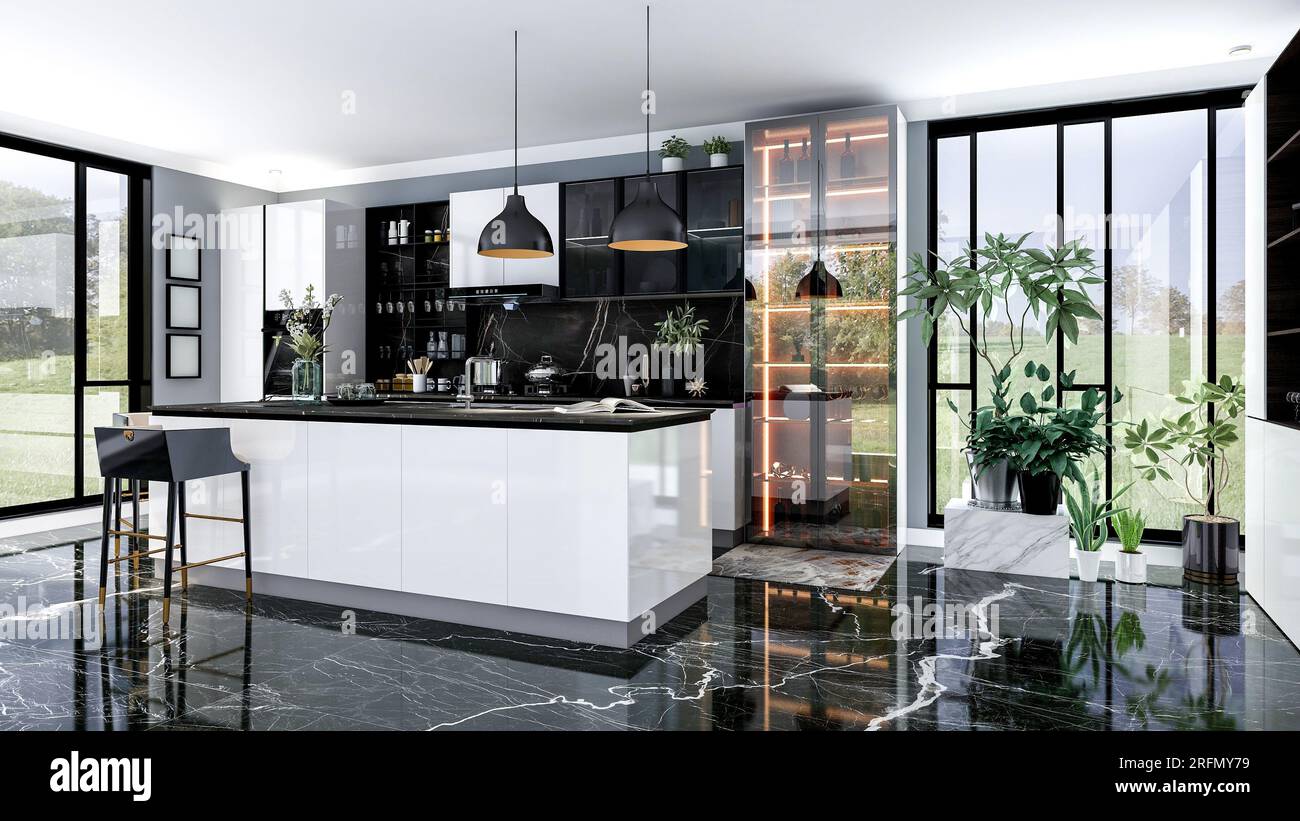 Interni neri, moderni e lussuosi, con cucina isolata e pavimento in marmo nero, 3D Rendering Foto Stock