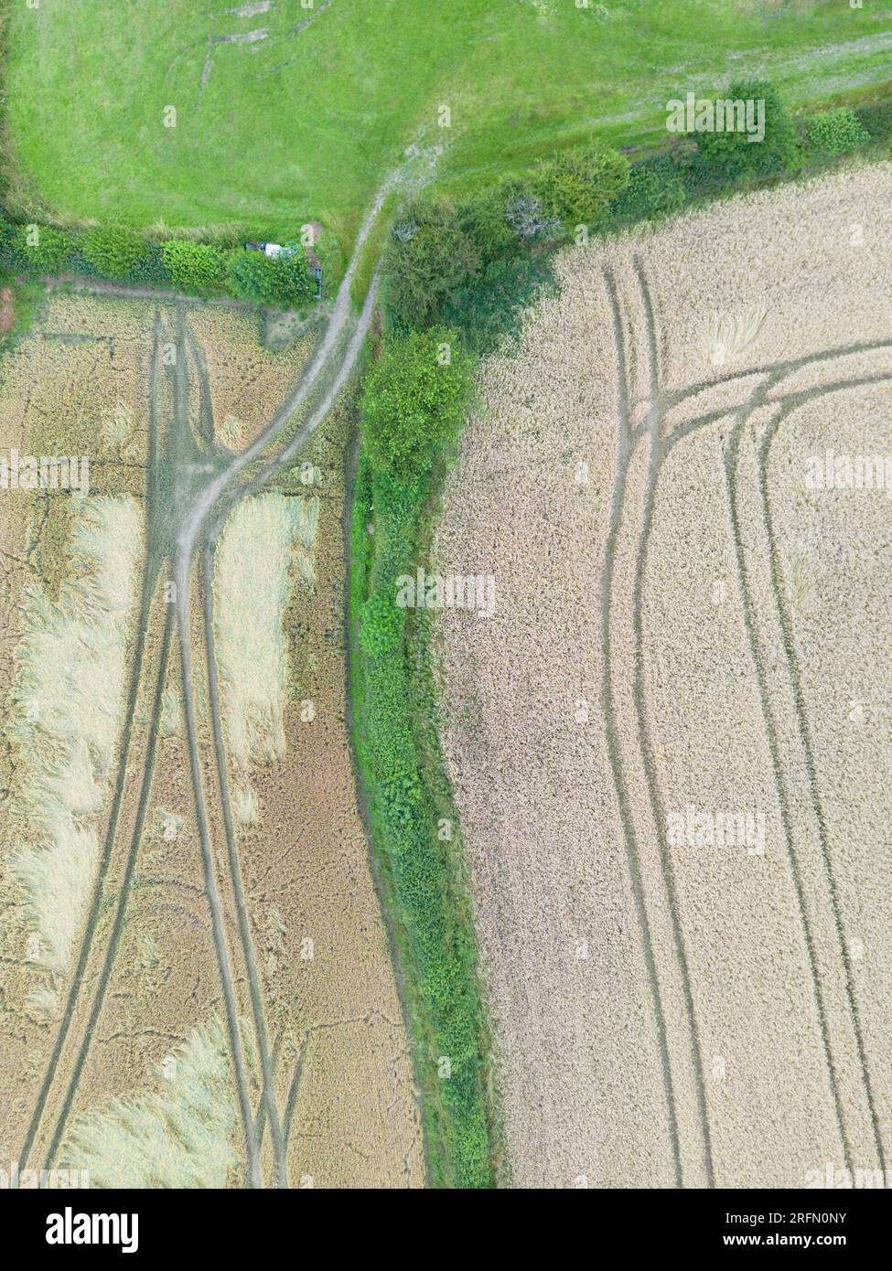 Immagini aeree di terreni agricoli britannici che mostrano i confini del campo e le tracce dei veicoli, South Shropshire, Inghilterra, Regno Unito Foto Stock