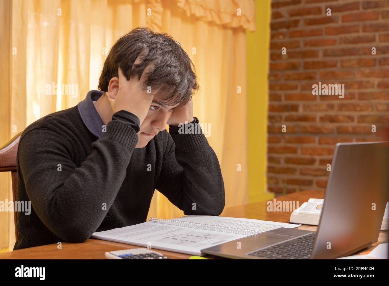 Ragazzo frustrato che studia davanti a un portatile. Foto Stock