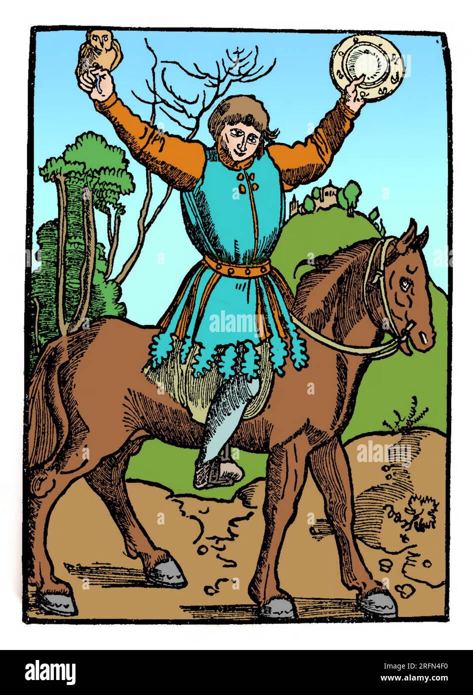 Till Eulenspiegel è una figura popolare del folklore tedesco che appare per la prima volta in un chapbook del 1515. E' un burattinaio che espone vizi. La sua vita è ambientata nella prima metà degli anni '1300 e muore di peste nel 1350. Il suo cognome significa letteralmente "gufo-specchio Foto Stock
