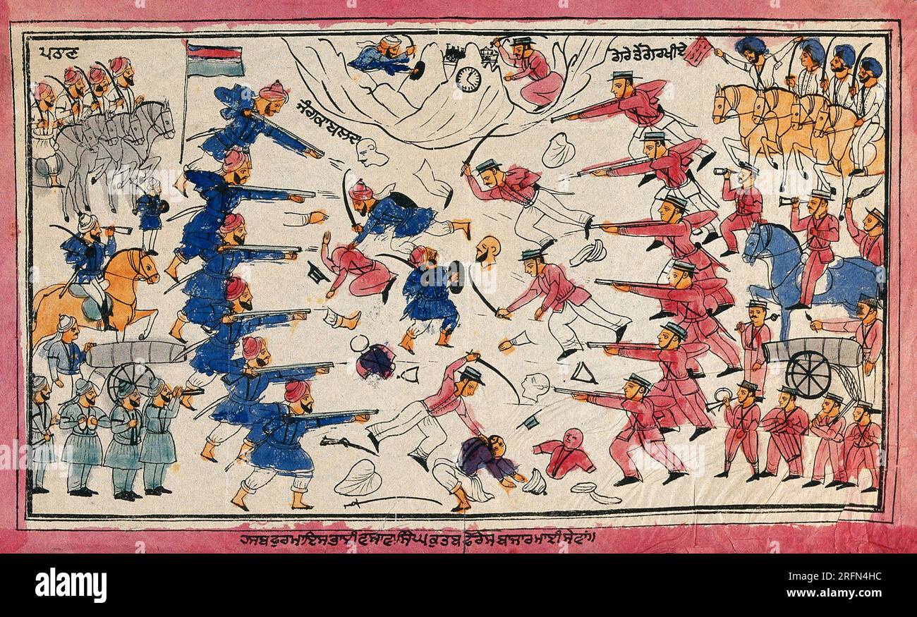 Litografia di trasferimento, con acquerello, raffigurante una battaglia a Kabul tra afghani contro sikh, Gurkas e britannici nel 1842. Foto Stock