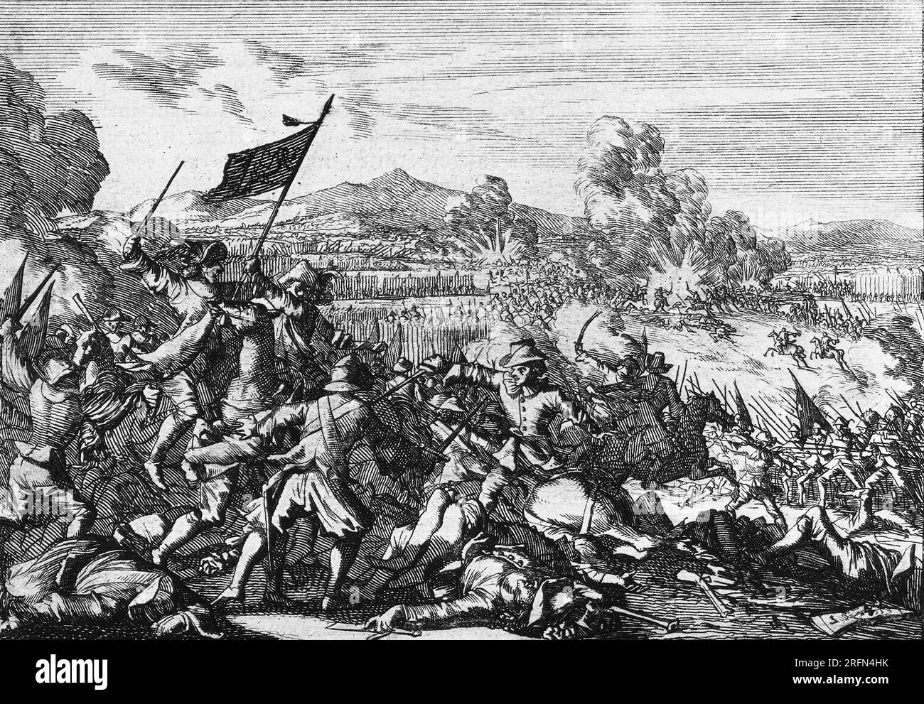 La battaglia di Wittstock, 1636: L'esercito svedese e i suoi alleati combattono contro le forze della Sassonia e dell'Impero durante la guerra dei trent'anni (1618-1648). Incisione di Caspar Luyken, 1698. Foto Stock