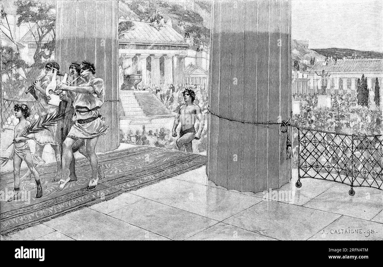 vincitore ai Giochi Olimpici entrando nel tempio di Zeus. Incisione di Andre Castaigne, 1895. Foto Stock