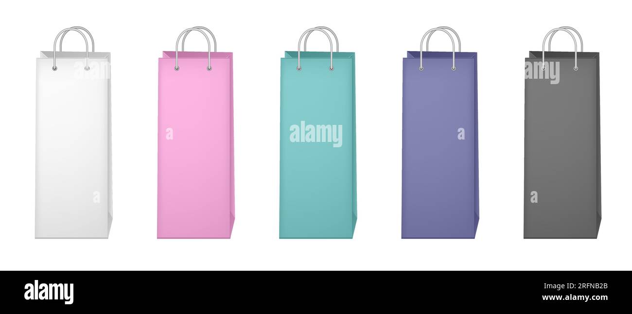 Set di borse colorate vuote. Illustrazione vettoriale. Sacchetti di carta bianca, rosa, nera, blu e verde. Regalo di compleanno, confezione regalo per bottiglia Illustrazione Vettoriale
