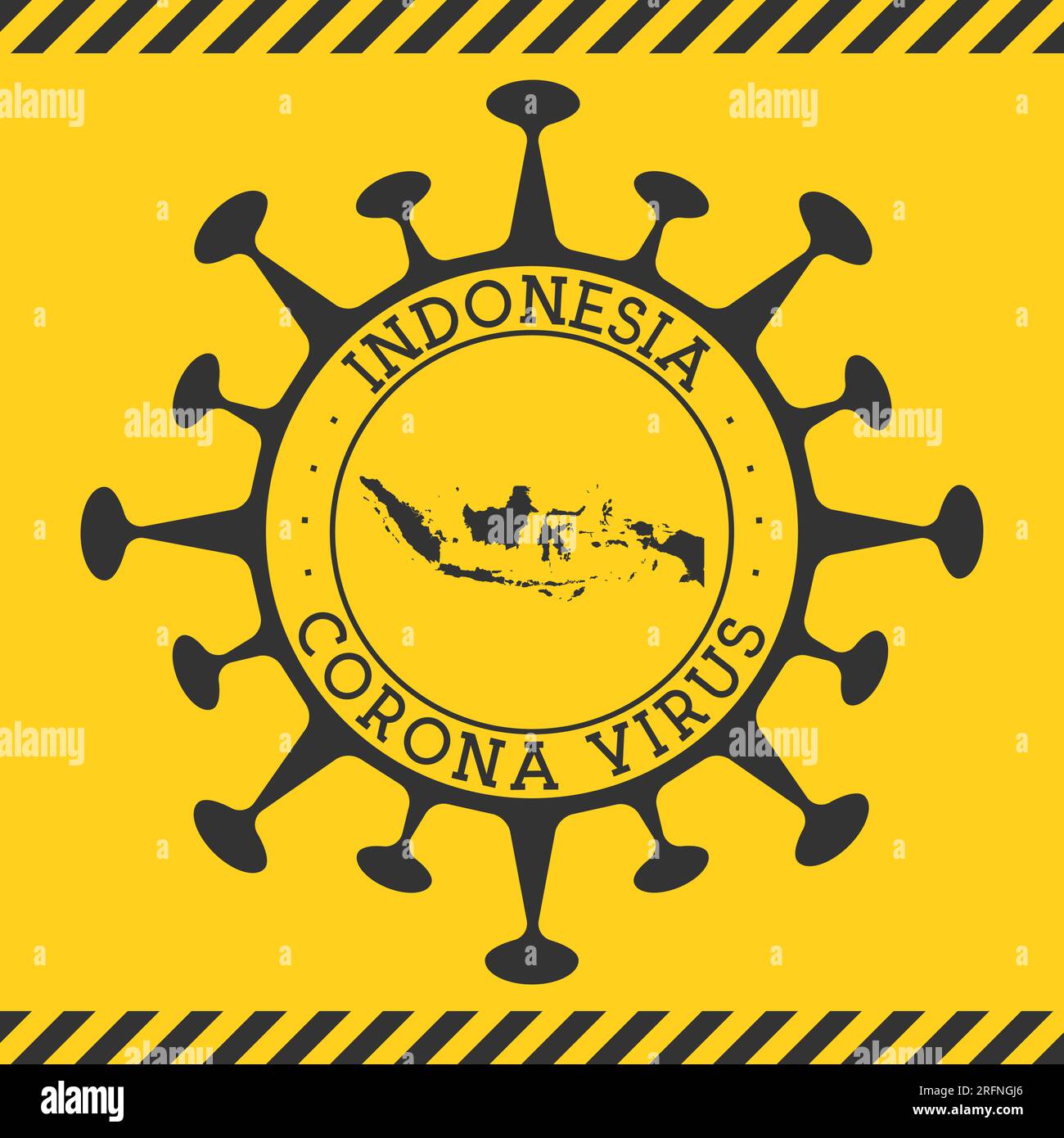 Il virus della corona in Indonesia. Distintivo rotondo con forma di virus e Indonesia mappa. Epidemia di paese giallo timbro di blocco. Illustrazione vettoriale. Illustrazione Vettoriale