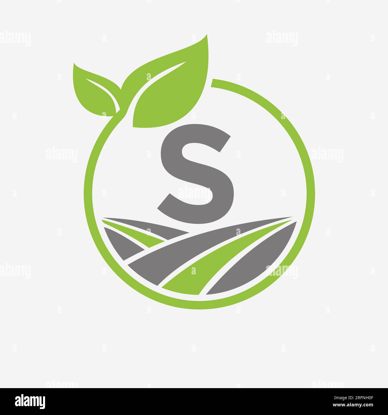 Logo agricolo sulla lettera S con foglia e simbolo campo. Modello simbolo logotipo agricoltura Illustrazione Vettoriale