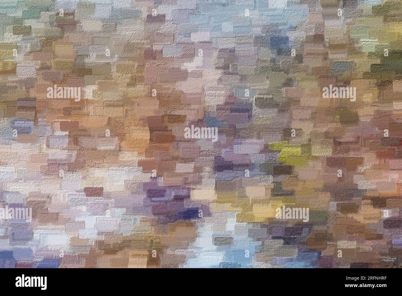 Un dipinto astratto a mattoni pastello con una combinazione di sfumature autunnali e invernali di marrone, blu, bianco, verde e giallo. Foto Stock