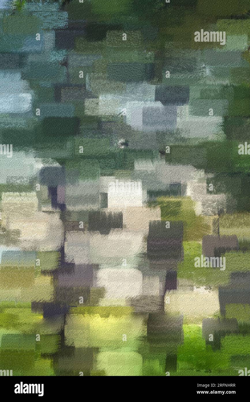Un disegno astratto di pittura pastello con tratti di pennello che sembrano mattoni o blocchi. Colori misti di verde, blu, bianco, giallo e marrone. Foto Stock
