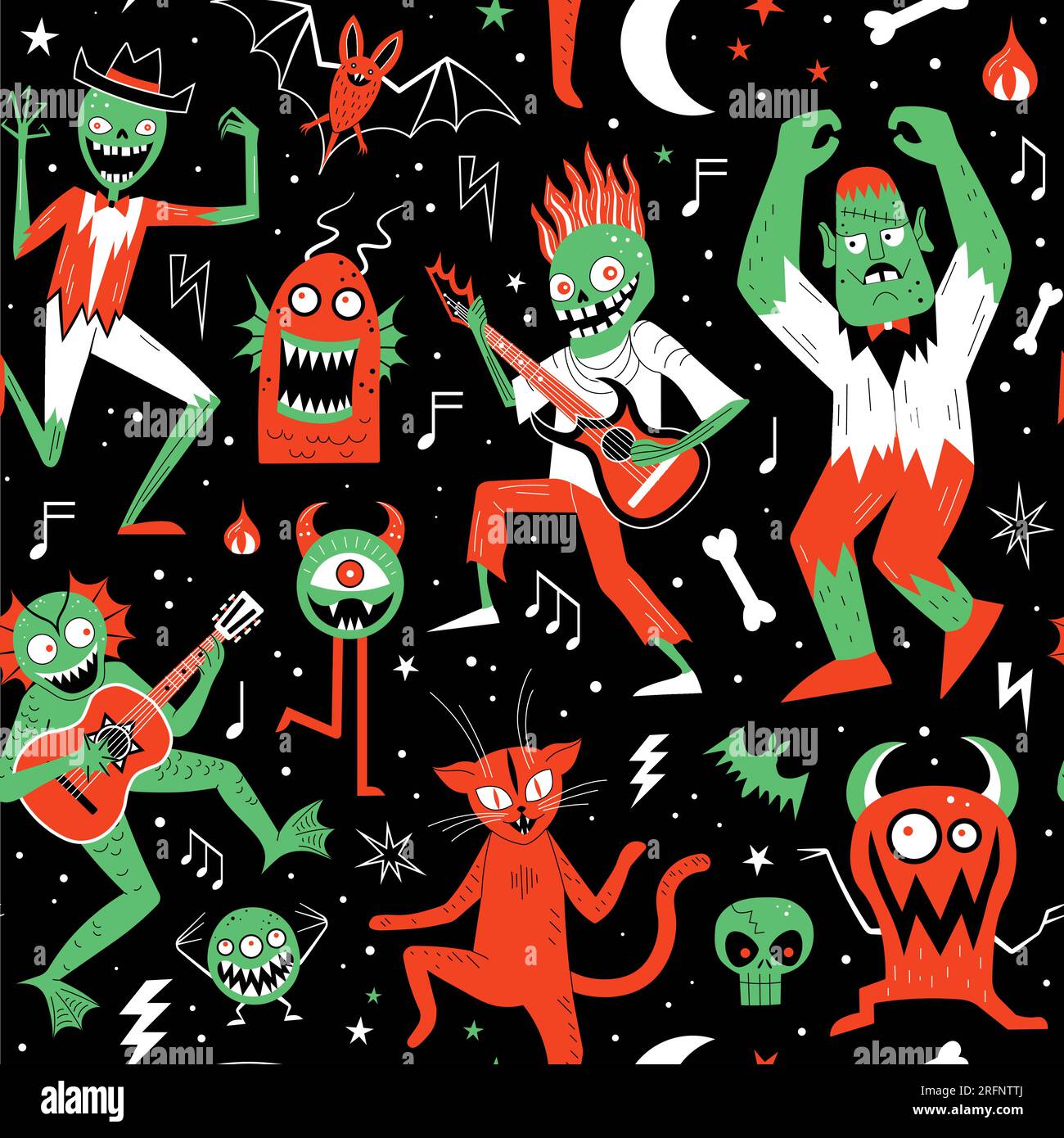 Dondolo Monster Mash Halloween Festive Pattern Illustrazione Vettoriale