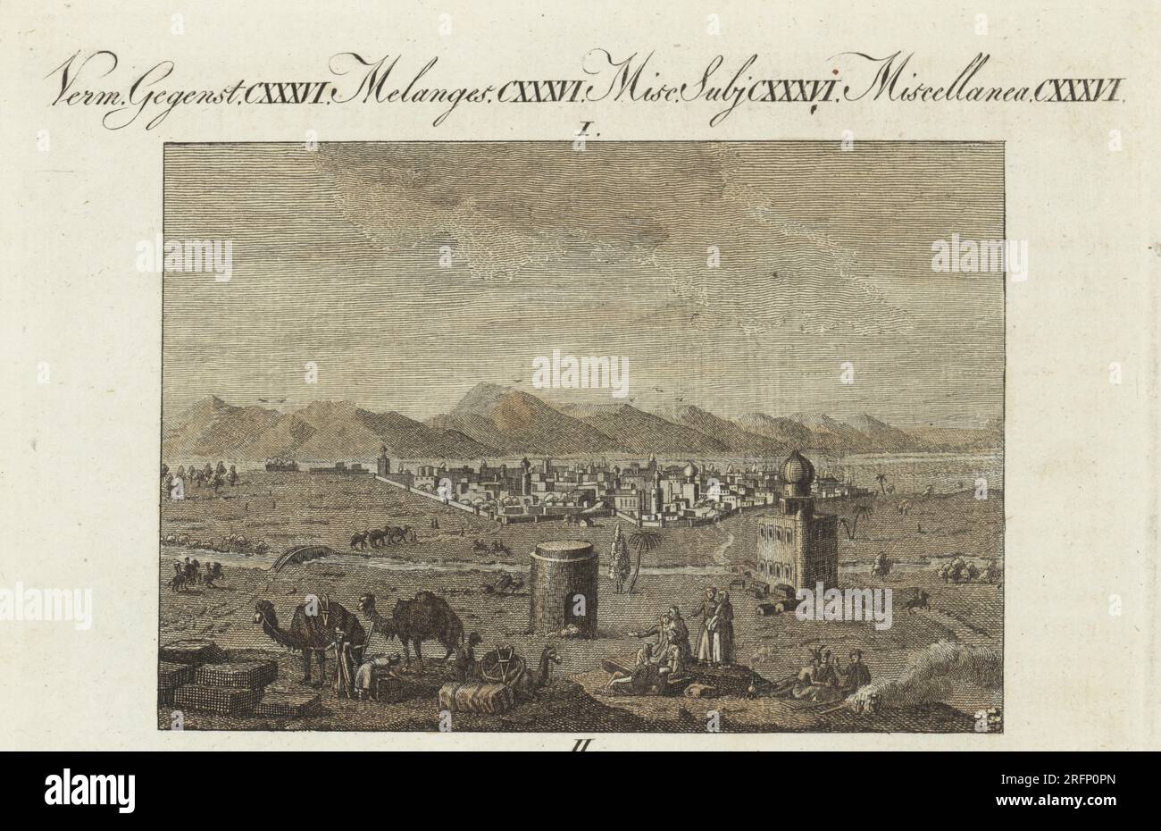 Vista sulla città di Shiraz o Shiras, provincia di Fars, Iran. Città fortificata con moschee, case in mattoni e sei porte, cammelli e viaggiatori in primo piano. Curiosità persiane. Incisione in copperplate a mano da Carl Bertuch's Bilderbuch fur Kinder (Picture Book for Children), Weimar, 1810. Un'enciclopedia in 12 volumi per bambini illustrata con quasi 1.200 tavole incise su storia naturale, scienza, costume, mitologia, ecc., pubblicato dal 1790-1830. Foto Stock