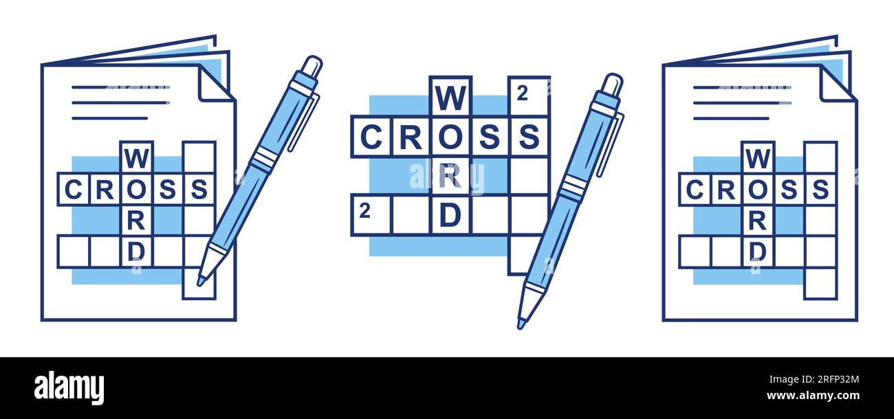 Crossword puzzle Newspaper, Risolvi rivista di parole incrociate, scrivere l'icona della linea della penna. Quadratini di testo della griglia. Cerca domanda di risposta. Esercizio logico del cervello. Vettore Illustrazione Vettoriale