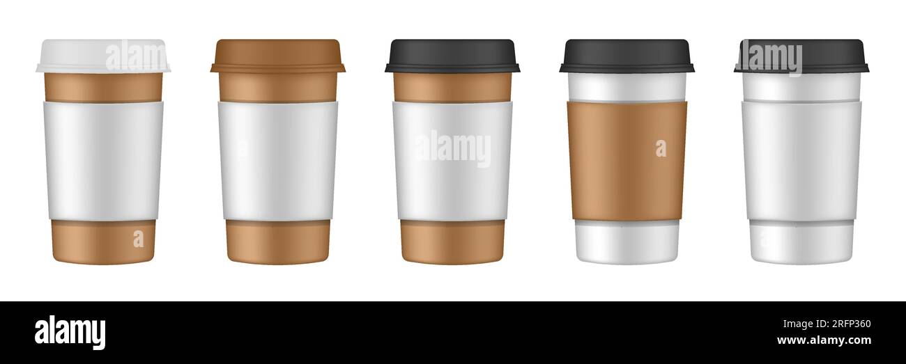 Set realistico di tazze di carta con portabicchieri. Caffè da portare via. Da portare via. Tazze di carta bianca, contenitore marrone vuoto con coperchio per latte, moka, cappuccino Illustrazione Vettoriale