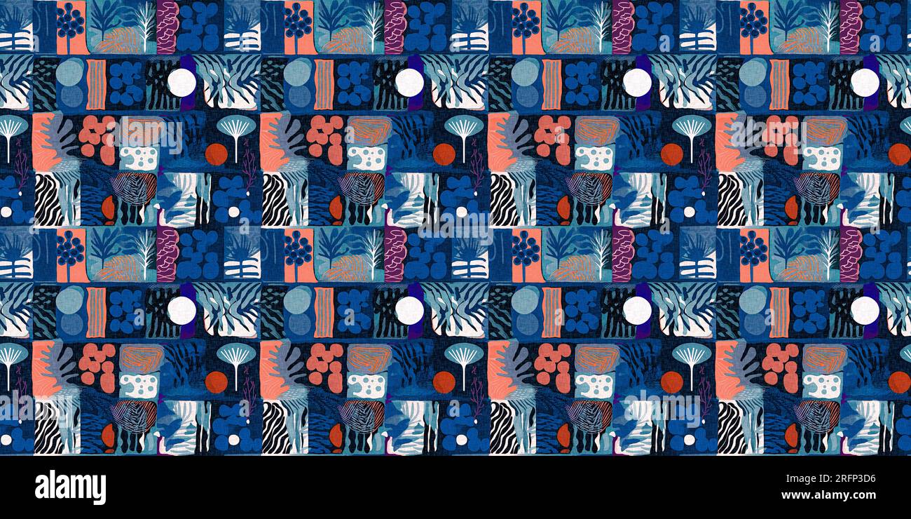 Fantasia moderna e divertente stampa con bordo in tessuto a contrasto per un look estivo in tessuto da spiaggia con un effetto lino-cotone. Bordo per striscioni ripetuti e alla moda Foto Stock