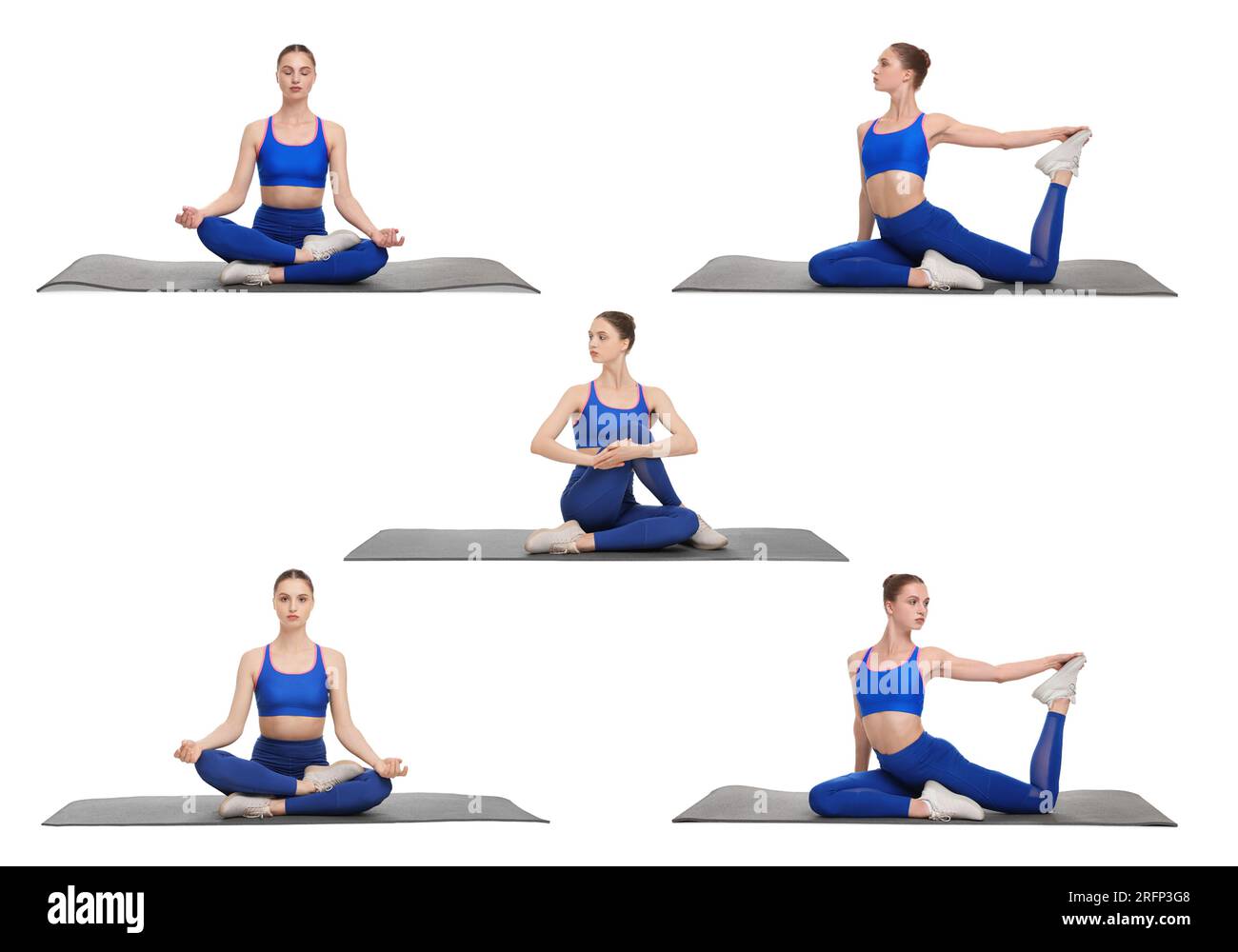 Giovane donna che pratica yoga su sfondo bianco. Collage con diverse asana Foto Stock