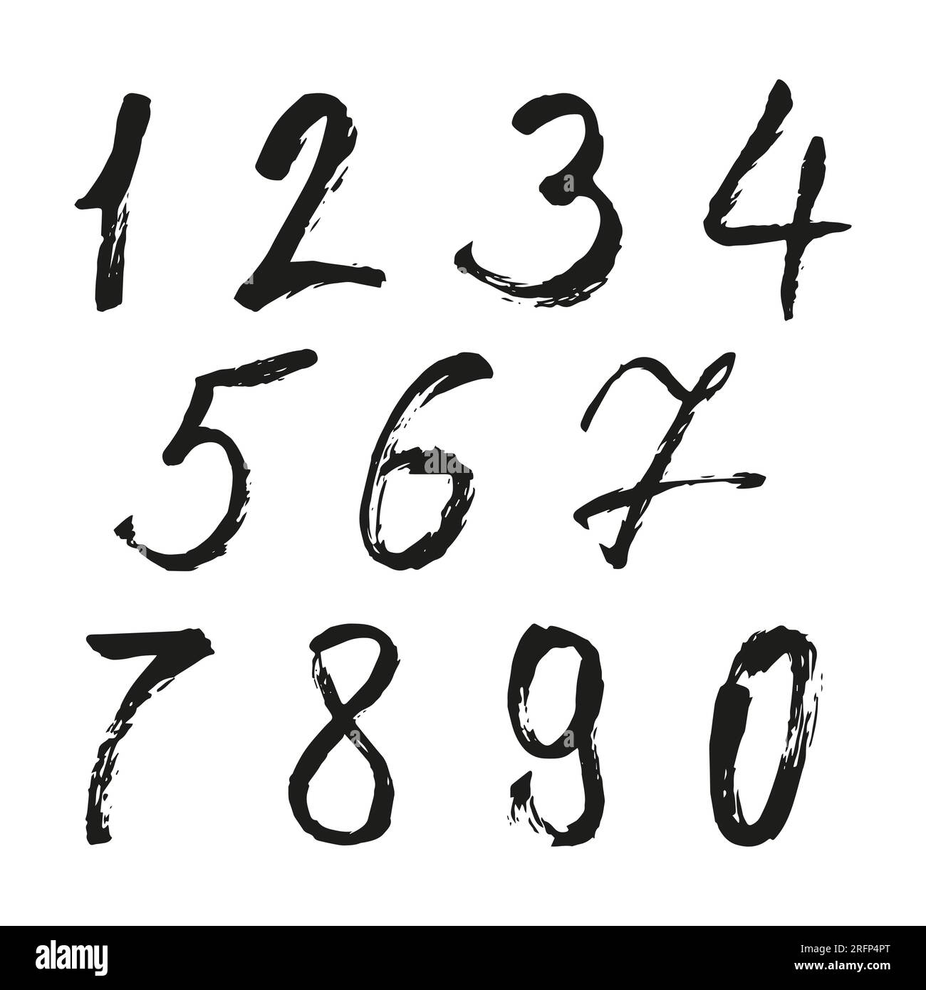 Set di numeri calligrafici dipinti da pennello nero su sfondo bianco isolato. Lettere per il progetto. Illustrazione Vettoriale