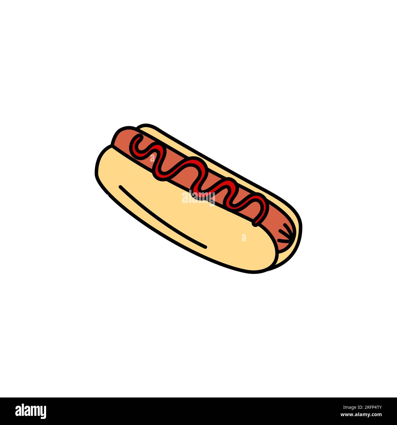 Elemento doodle vettoriale Hot Dog isolato. Illustrazione del tradizionale pasto fast food. Graziosi e colorati doodles disegnati a mano Illustrazione Vettoriale