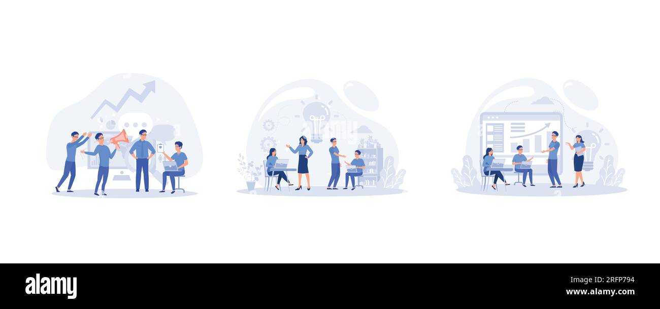 Persone che lavorano personaggi dei cartoni animati alla ricerca di nuove idee, che lavorano insieme in azienda, assistente online al lavoro, creano illustrazioni moderne a vettore piatto Illustrazione Vettoriale