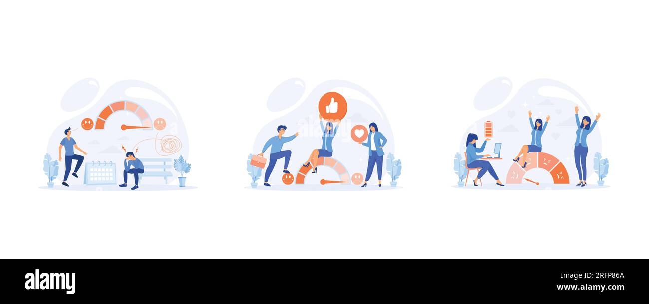 Livello di stress, scala dell'umore, disturbi depressi e mentali, misuratore di soddisfazione del cliente con icone di emozioni, basso livello di stress, set flat Vector Modern illu Illustrazione Vettoriale