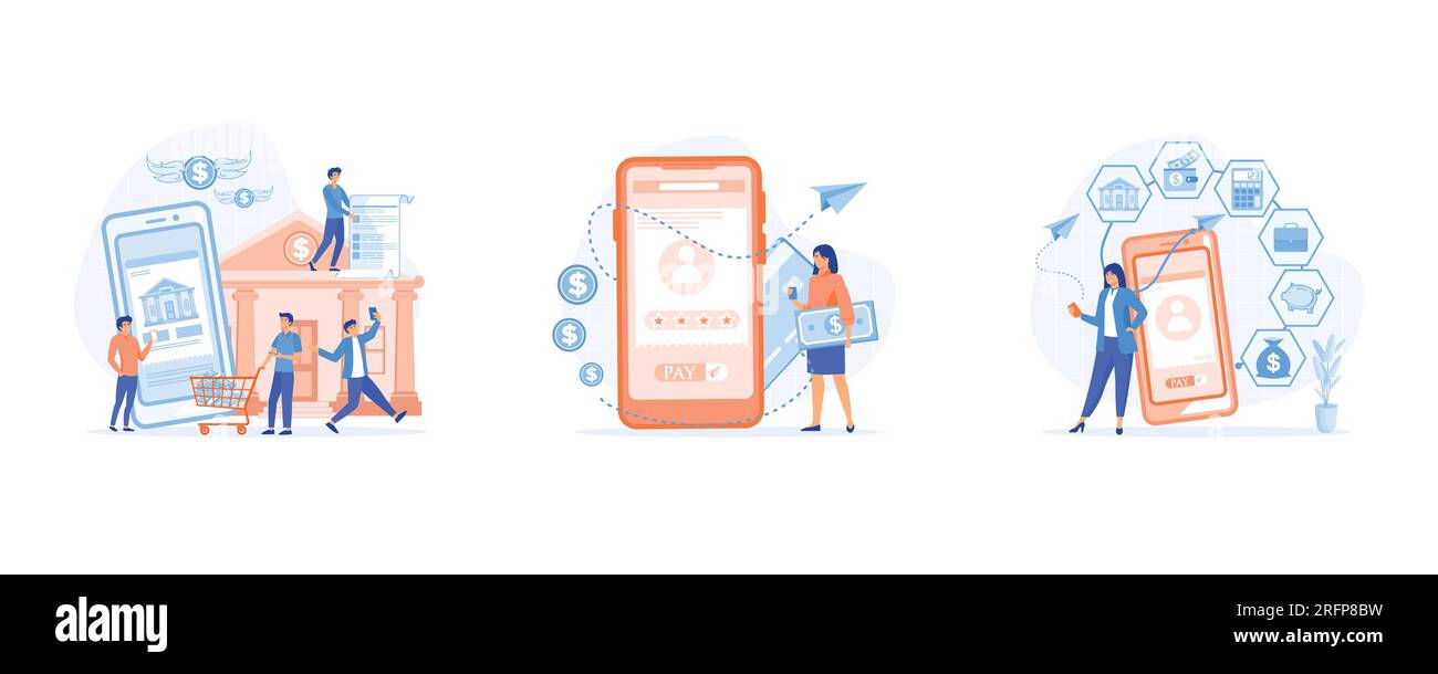 Servizi bancari digitali, mobile banking e gestione finanziaria. Internet banking paga bollette online, acquisti e transazioni online, imposta mod. Vettoriale flat Illustrazione Vettoriale