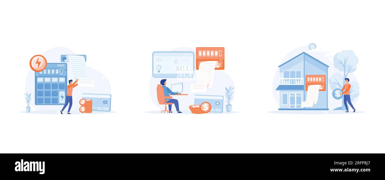 Sostenibilità, concetto di audit dell'efficienza energetica domestica. La persona controlla il misuratore di riscaldamento e calcola la bolletta della casa. imposta un'immagine vettoriale piatta modern illust Illustrazione Vettoriale