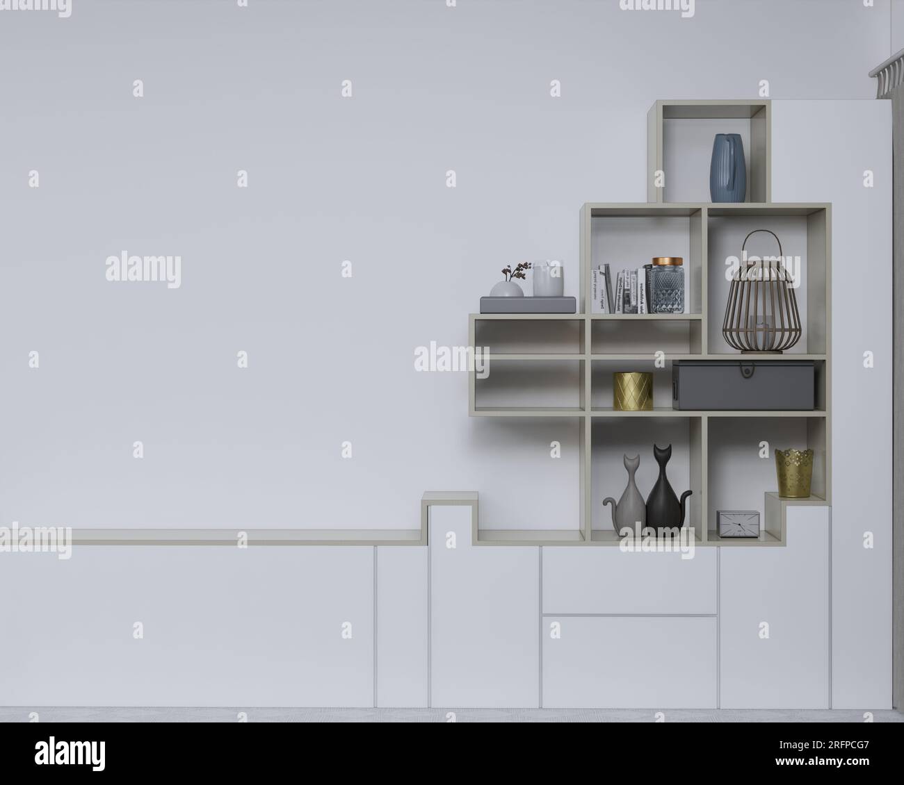 spazio per armadi, illustrazione 3d, armadietto in legno, armadietto per rack, parete bianca bianca e marrone, stoccaggio armadietto Foto Stock