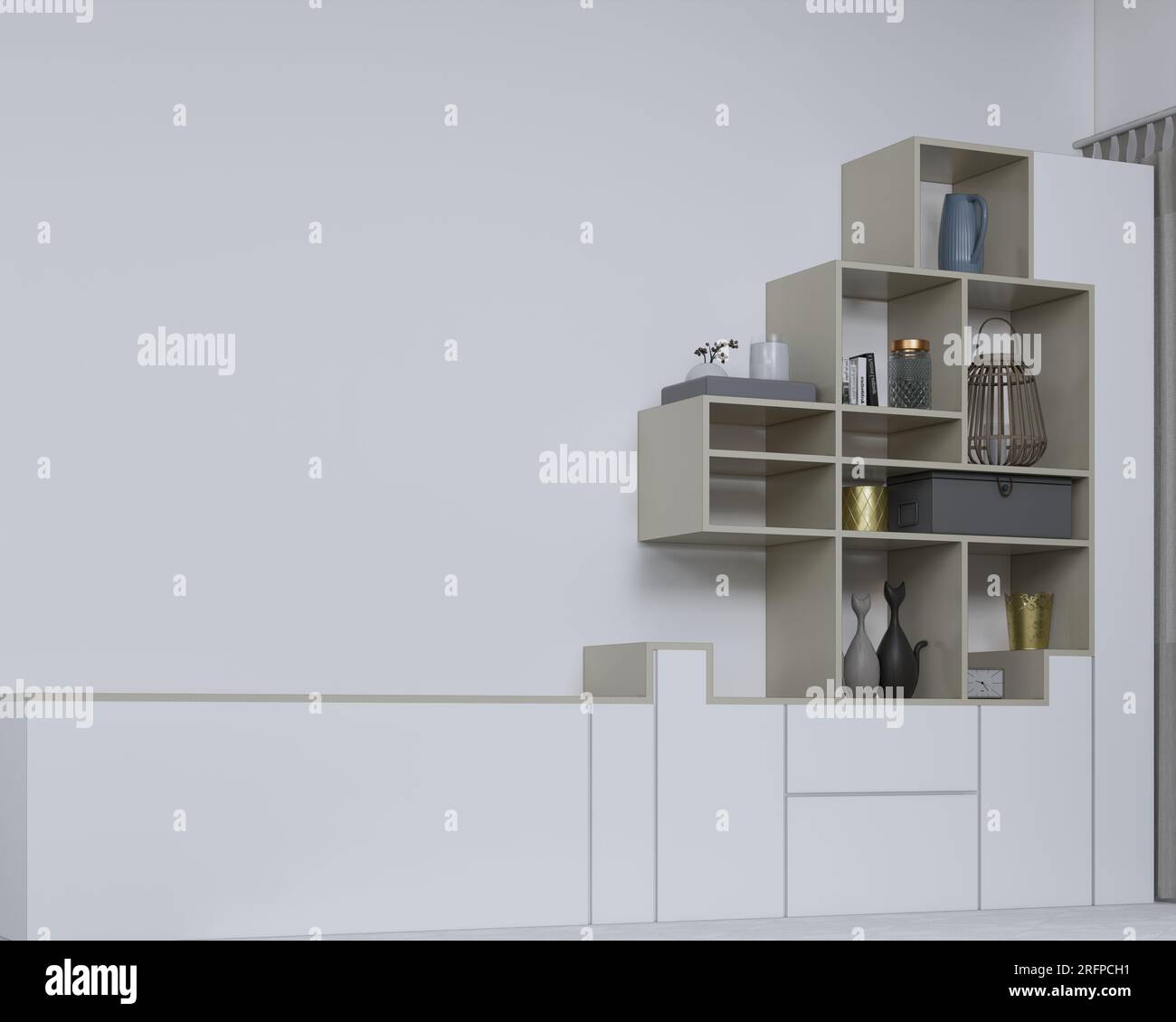 spazio per armadi, illustrazione 3d, armadietto in legno, armadietto per rack, parete bianca bianca e marrone, stoccaggio armadietto Foto Stock