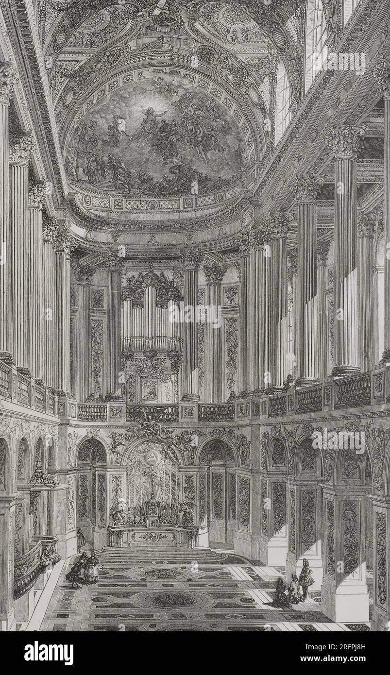 Francia. Cappella della Reggia di Versailles (XVII secolo). La quinta e ultima cappella nella storia del palazzo, consacrata nel 1710. Fu costruito dagli architetti Jules Hardouin-Mansart (1646-1708) e da suo cognato Robert de cotte (1656-1735). Incisione di Piaud e Desmaresi. Los Héroes y las Grandezas de la Tierra. Volume V. 1855. Foto Stock