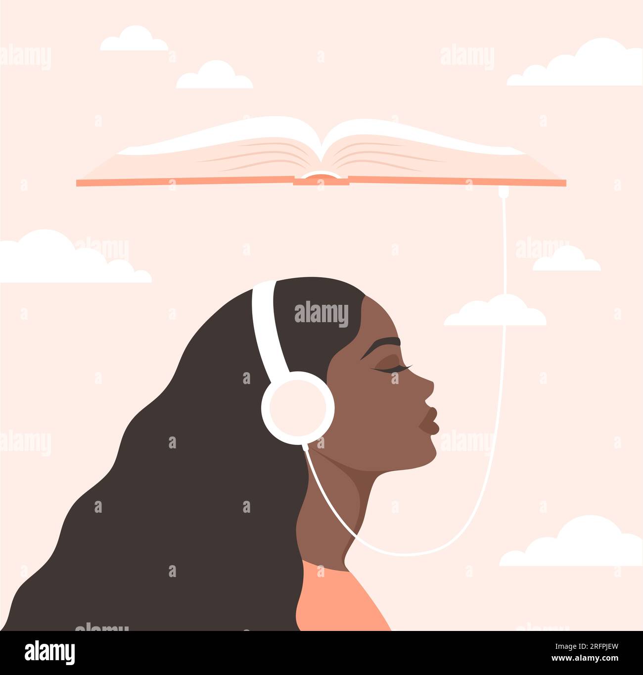 Giovane donna nera ad occhi chiusi che ascolta un audiolibro. Ritratto laterale di una donna che indossa cuffie collegate a un libro aperto sopra di lei. Flat ve Illustrazione Vettoriale Giovane donna nera ad occhi chiusi che ascolta un audiolibro. Ritratto laterale di una donna che indossa cuffie collegate a un libro aperto sopra di lei. Flat ve Illustrazione Vettoriale