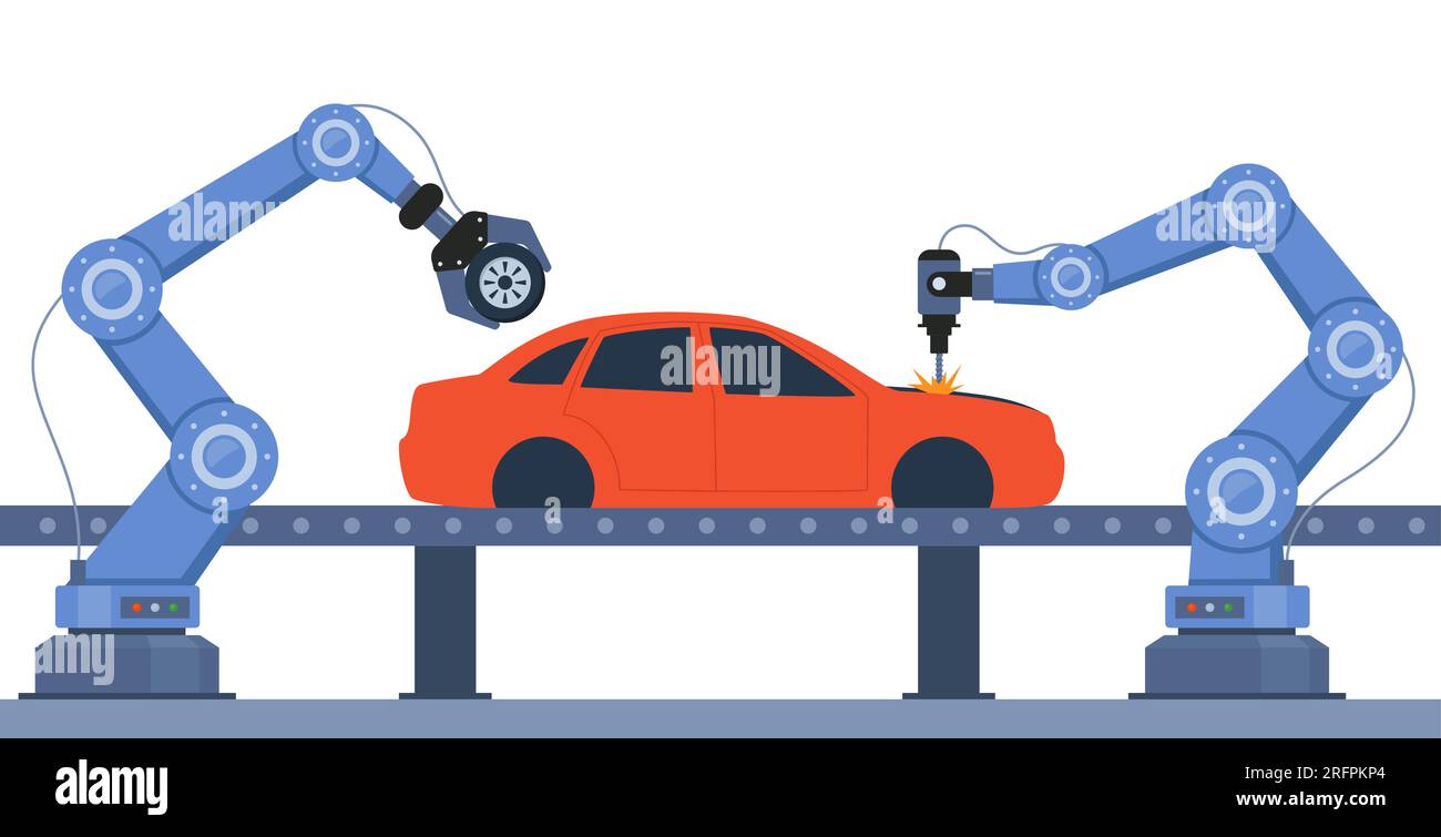 Processo di produzione automatizzata di automobili. Pesare le parti sulla linea di macchinari con le mani robotizzate. Linea di assemblaggio in una fabbrica di automobili. Vettore illustrati Illustrazione Vettoriale