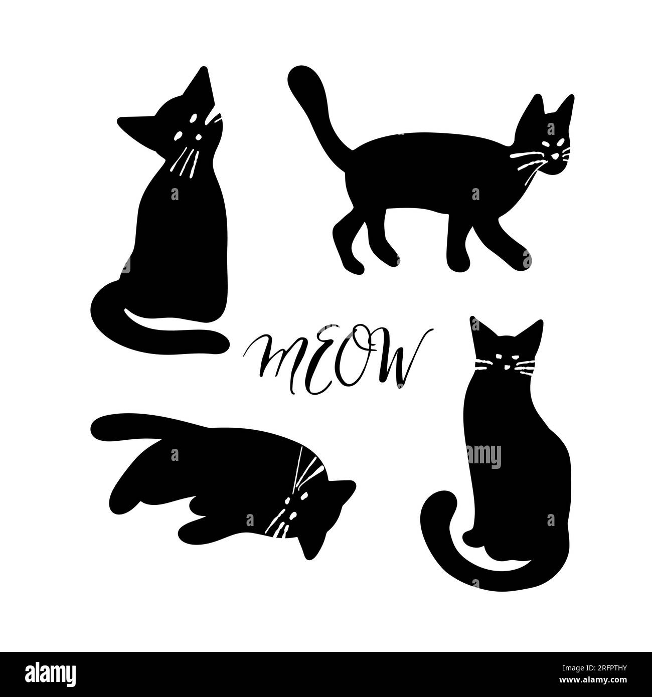 Set con illustrazione nera della silhouette dei gatti isolata su bianco Illustrazione Vettoriale