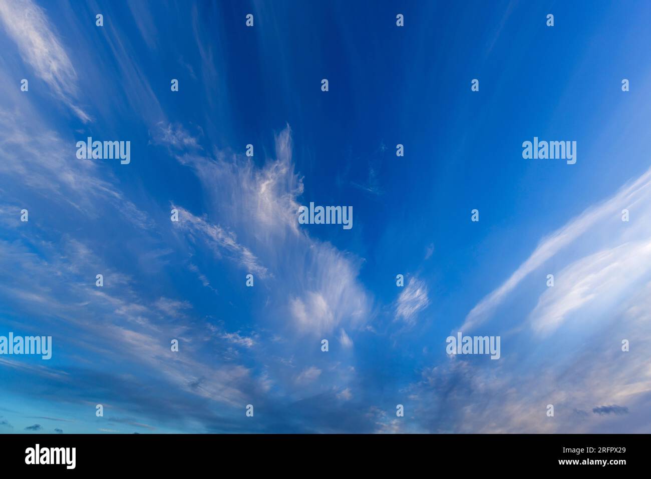 Wispy cirrus nuvole contro un cielo blu Foto Stock